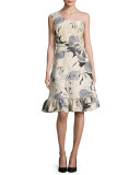 Tropical-Jacquard One-Shoulder Dress, Black/White