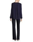 Franca Long-Sleeve Beaded Silk Blouse, Deep Amethyst
