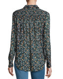 Dazed Long-Sleeve Floral Silk Blouse, Black
