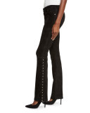 Studded Suede Flare-Leg Pants, Black