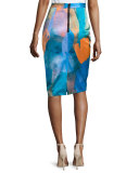Watercolor-Print Midi Skirt, Teal 