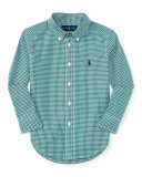 Gingham Cotton Poplin Sport Shirt, Green/White, Size 2-7