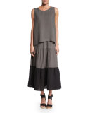 Colorblock Tiered Linen Petticoat Skirt, Black/Elephant