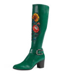 Dionysus Embroidered Knee Boot, Emerald