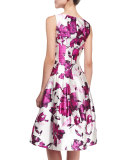 Watercolor Floral-Print Mikado Cocktail Dress, Magenta