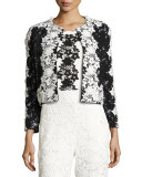 Two-Tone Floral Lace Open-Front Jacket, Onyx