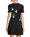 Short-Sleeve Jacquard Skater Dress, Black/White