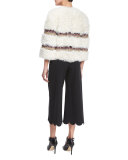 Cropped Kalgan Lamb Fur Jacket w/ Embroidered Trim, Ivory