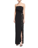 Strapless Lace-Trim Column Gown, Black