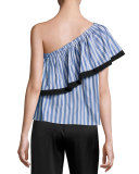 Ruffled One-Shoulder Striped Top, Blue