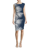 Mojorra Ruched Leaf-Print Sheath Dress, Navy/White