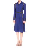 Studded Long-Sleeve Belted Shirtdress, Royal Blue