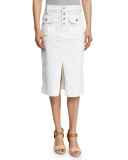 Utility Button-Front Long Denim Skirt, White