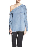 One-Shoulder Denim Pocket Shirt, Blue