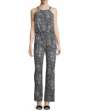 Printed Wide Leg Chain Link Jumpsuit, Black