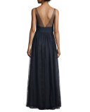 Sleeveless Illusion Evening Gown, Sapphire