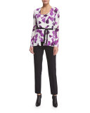 Long-Sleeve Orchid-Print Belted Cardigan, Multi Colors