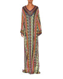 Belted V-Neck Long Caftan, Multi