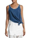 Sleeveless Knotted Denim Boxy Top, Blue