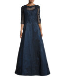 3/4-Sleeve Embroidered Lace & Taffeta Gown 