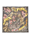 Floral Ruffle Silk Chiffon Scarf, Black/Multicolor