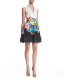 Sleeveless Embroidered Fit-&-Flare Dress, Black/White/Blue