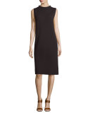 Sleeveless Funnel-Neck Wool Sheath Dress, Clove