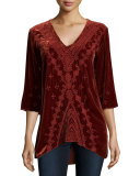 Shobah 3/4-Sleeve Embroidered Velvet Tunic, Rust