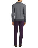 Sueded-Trim Crewneck Sweater, Charcoal