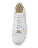 Golden-Trim Leather Low-Top Sneaker, White
