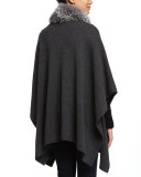 Cashmere Fur-Trim Poncho w/ Pockets, Charcoal