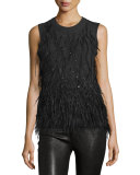 Feather-Embellished Cashmere Shell, Charcoal Melange