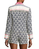 Tia Triangle-Pattern Fringe-Trim Jacket, Indigo/Whitewash