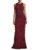 Sleeveless Beaded Feather Gown, Bordeaux