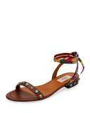 Rockstud Rolling Embroidered Flat Sandal, Light Brown