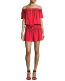 Tammy Embroidered Smocked-Waist Mini Dress, Red