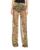 Metallic Lace Flare-Leg Pants, Gold