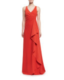 Techno Cady Side-Ruffle Gown, Red