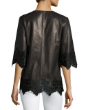 Half-Sleeve Leather Top w/ Calf Hair Lace, Black