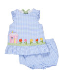 Sleeveless Gingham Seersucker Dress w/ Bloomers, Blue, Size 3-24 Months