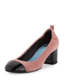 Nubuck Cube-Heel Cap-Toe Pump, Medium Pink/Black