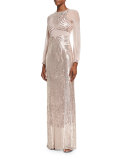 Sequined Long-Sleeve Column Gown, Ballet Pink