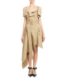 Off-the-Shoulder Belted Asymmetric Dress, Khaki
