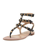 Rockstud Ankle-Wrap Thong Sandal, Nero