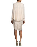 Long-Sleeve Floral Lace Cocktail Dress, Champagne
