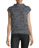 Beau Marled Cap-Sleeve Wool-Blend Sweater, Black Tweed