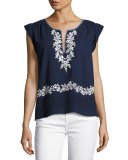 Mandel Embroidered Cap-Sleeve Top, Blue