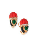Carved Coral, Onyx & Emerald Earrings with Diamonds