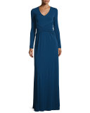 Ruched Matte Jersey V-Neck Gown, Sapphire