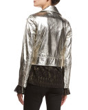 Metallic Leather Biker Jacket, Silver